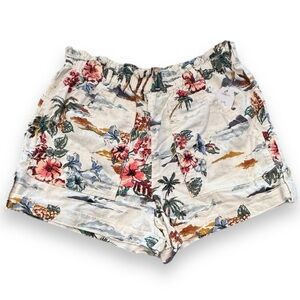 Hawaiian Print Size M (8-10) Linen Blend Elastic Waist Shorts